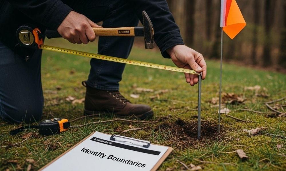  ALTA survey field work measuring property boundary with stakes and tape on a grassy lot 