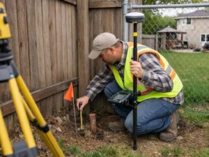 Surveyor performing a land survey to locate a property boundary before fence installation