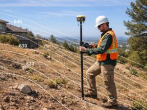 Land surveyor using GPS equipment to perform a topographic survey on a sloped residential property with contour lines showing elevation changes