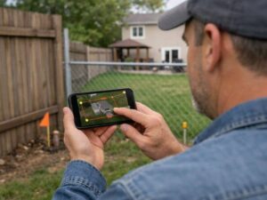 Homeowner checking approximate property lines on a smartphone app in a backyard