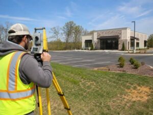 ALTA Title Survey fieldwork at a commercial property in Roanoke Alabama